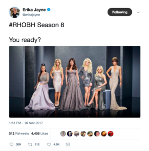 Screenshot of Erika Jayne's twitter feed announcing Season 8 premiere of Real Housewives of Beverly Hills