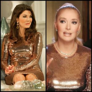 Erika Jayne and Lisa Vanderpump pf Real Housewives of Beverly Hills wearing the same dress side by side